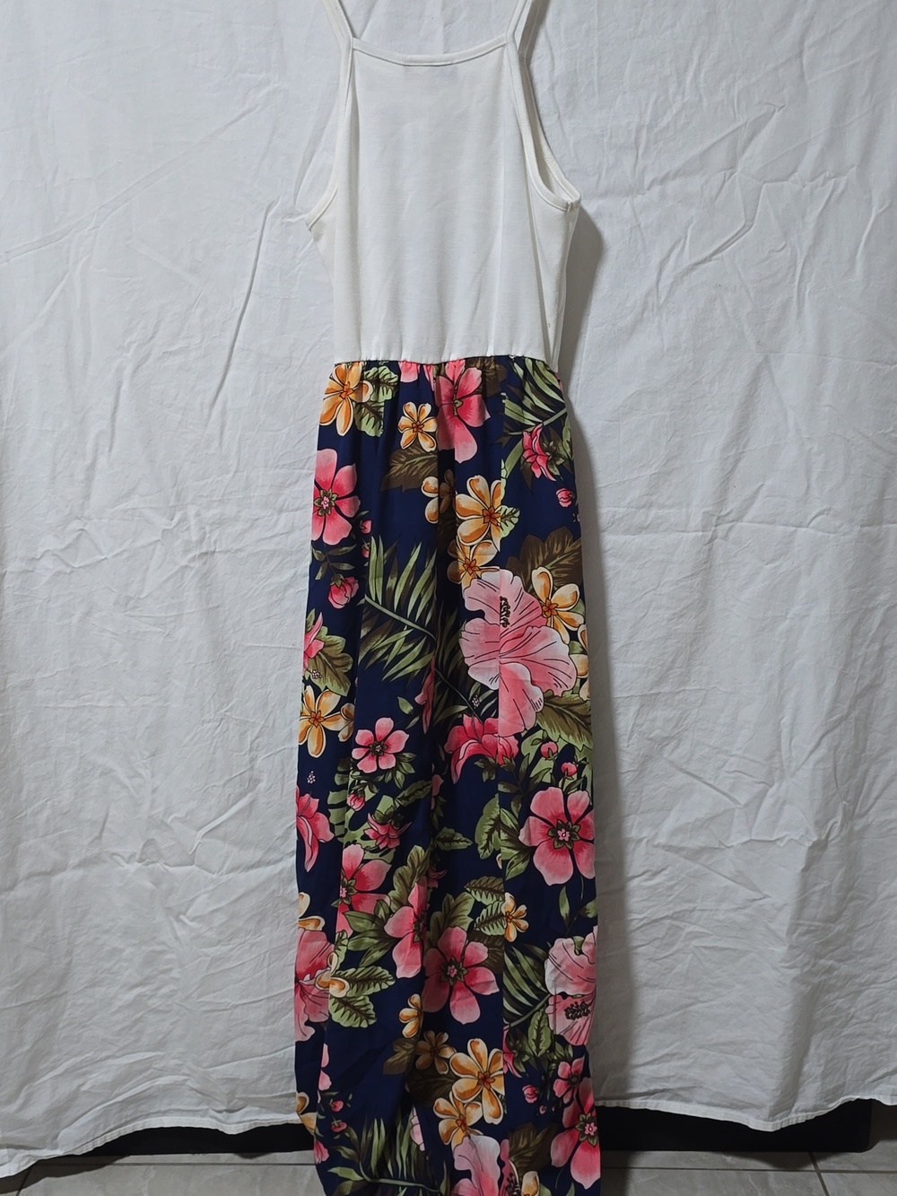 White Tank Top with Navy Floral Maxi Skirt 016